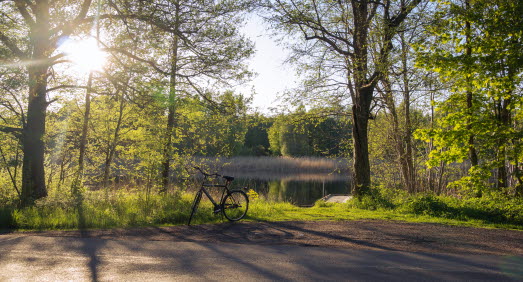 cykel står vid vägkant, med vattendrag i bakgrunden.